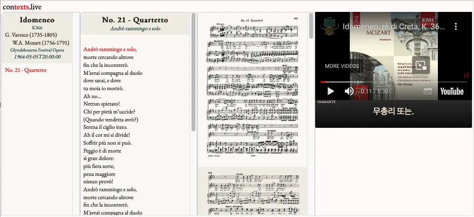 contexts.live interface showing Mozart's Idomeneo with libretto, score, and Korean subtitles