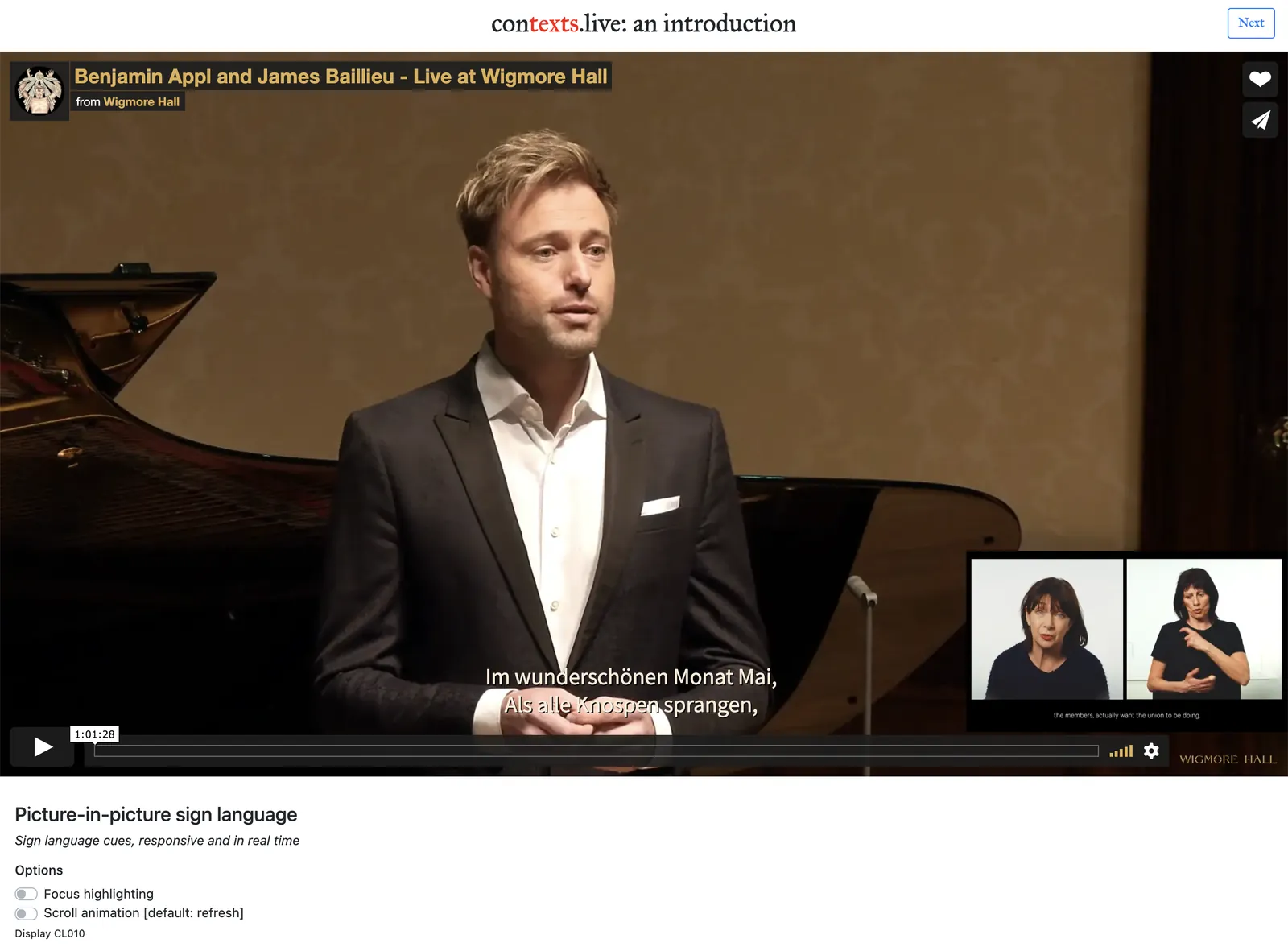 Benjamin Appl at Wigmore Hall, German surtitles, sign language interpreter in picture-in-picture