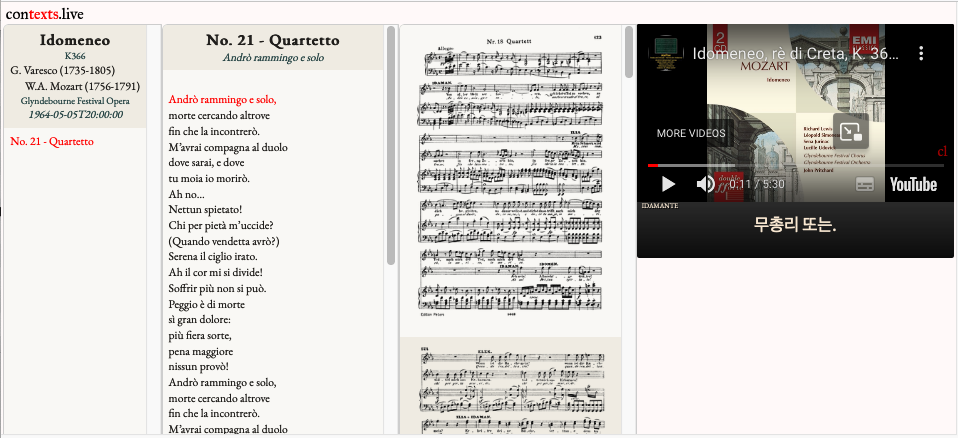 An image of a web page, with four panels. From left to right: a title panel indicating the piece is Idomeneo; a panel entitled 'No. 21 Quartetto', with the words/libretto below; a panel with the first page of the score, and part of the second page below; a panel with a YouTube movie, with words in Korean below.